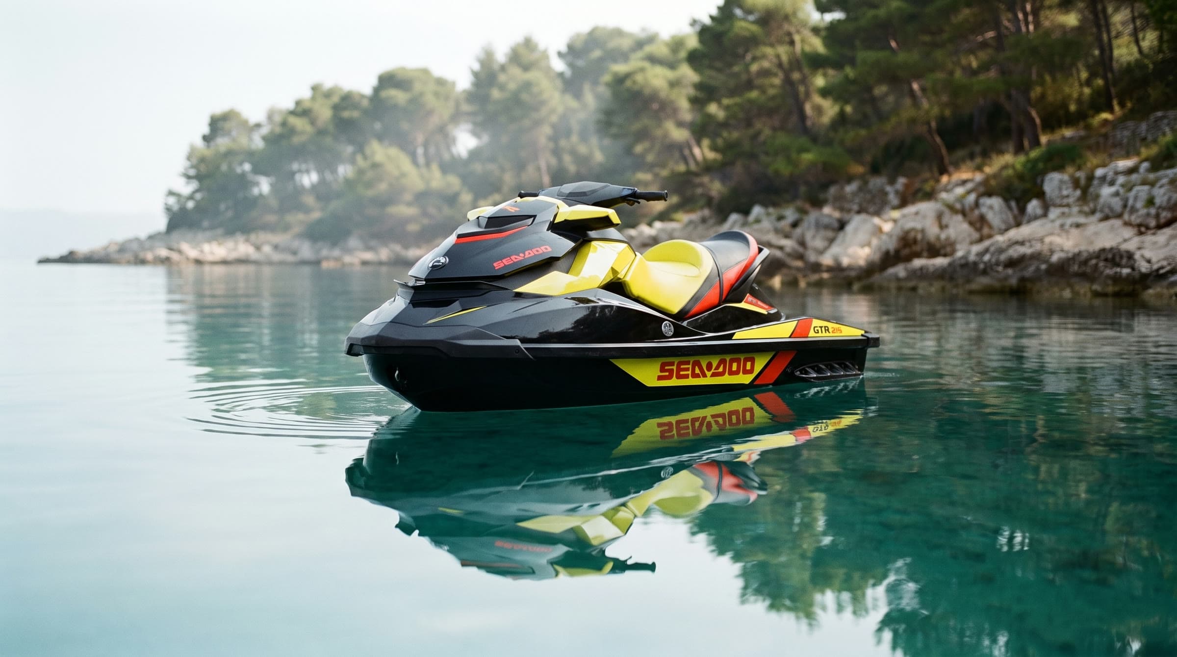 Vodní skútr Sea-Doo GTR 215 z předního tříčtvrtečního pohledu na klidné hladině