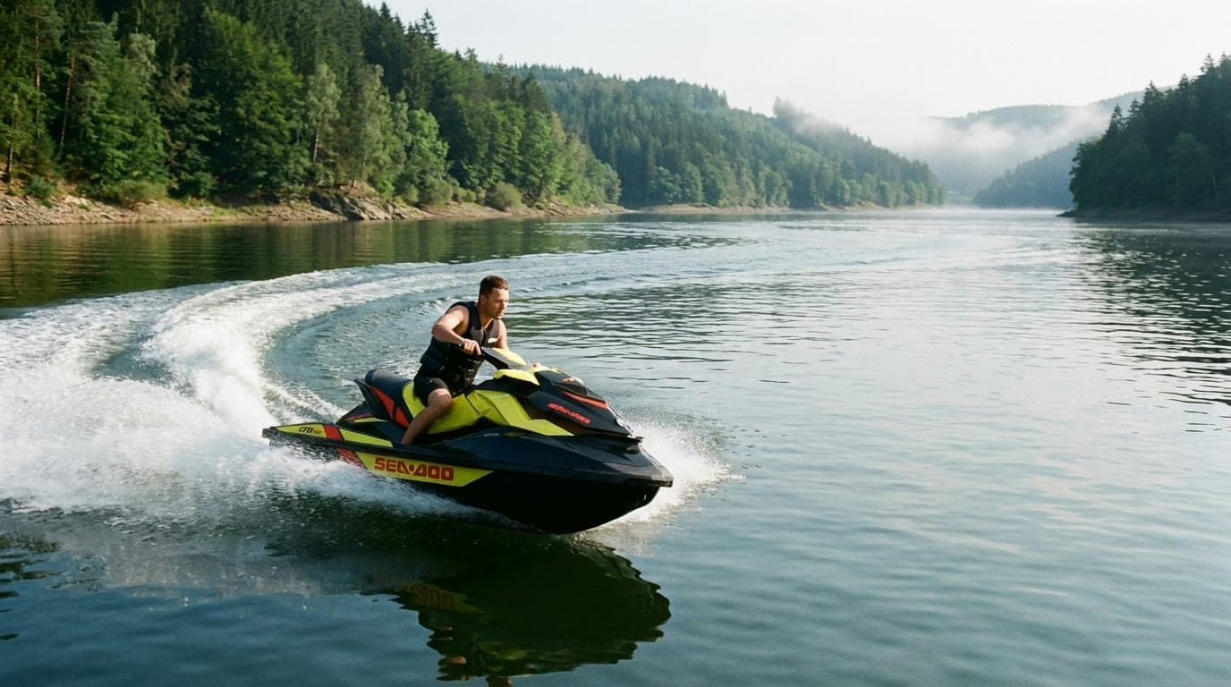 Vodní skútr Sea-Doo GTR 215 na přehradní nádrži obklopené zalesněnými kopci